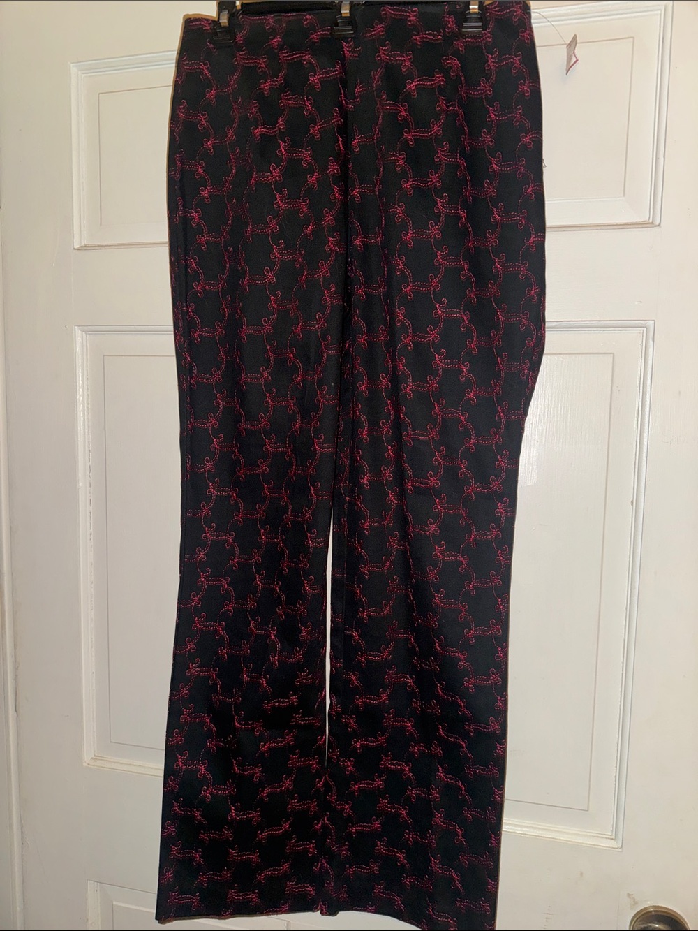 Bamboo Traders Black Wide-Leg Pants with Pink Scroll Print